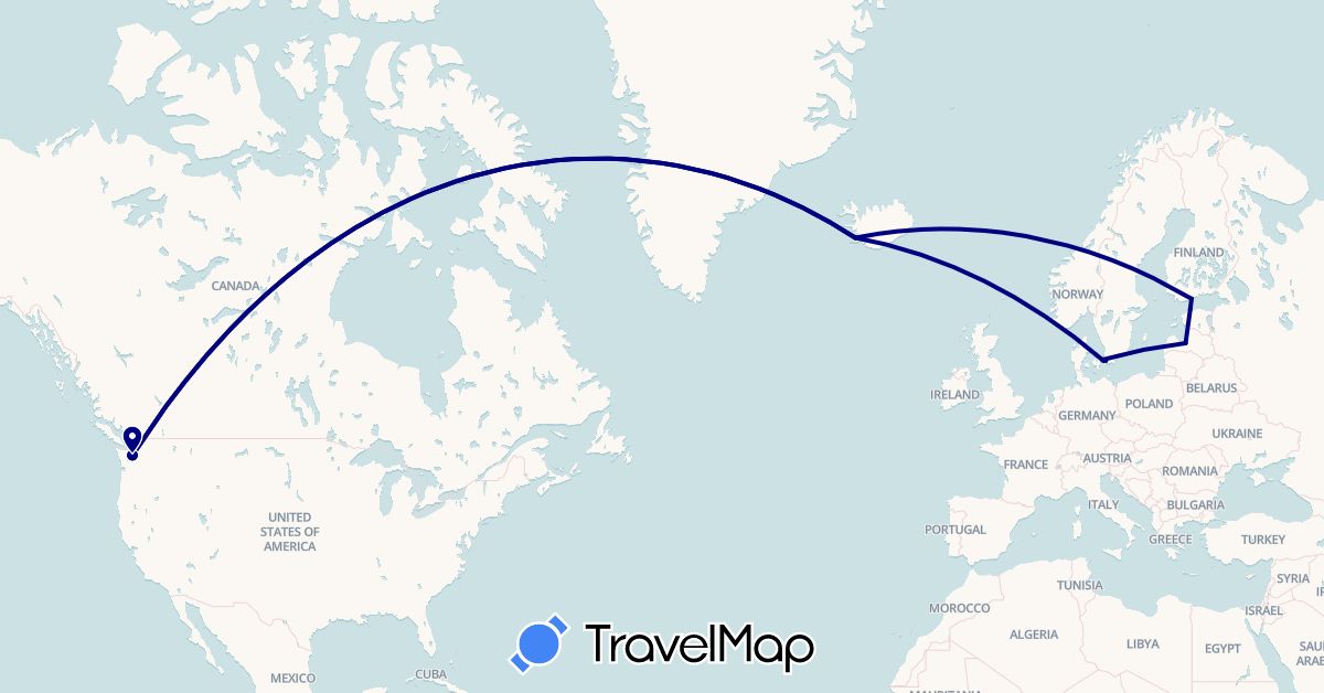 TravelMap itinerary: driving in Denmark, Estonia, Finland, Iceland, Latvia, Sweden, United States (Europe, North America)